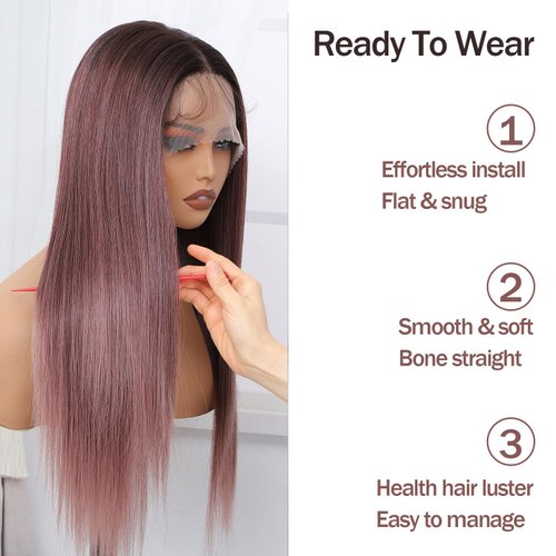 Raxylll Ombre Purple Synthetic Lace Front Wigs Straight Heat Resistant Natural Hairline Fiber Hair Glueless Lace Wigs for Women 26 inch