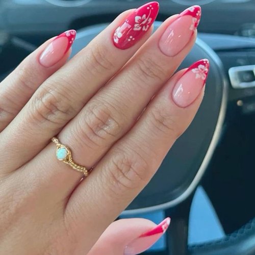 Pink French Tip Press on Nails Medium Almond Shaped, White Flower Fake Nails Pink Nail Tips with Hibiscus Flowers Design False Nails Glossy Glue on Nails Full Cover French Stick on Nails for Women
