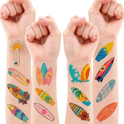 110 PCS Summer Surfing Surf Surfboard Temporary Tattoos Sticker Ocean Surfer Beach California Hawaiian Themed Birthday Party Decorations Favors Supplies Gifts Girls Boys Cute Tattoo School Reward