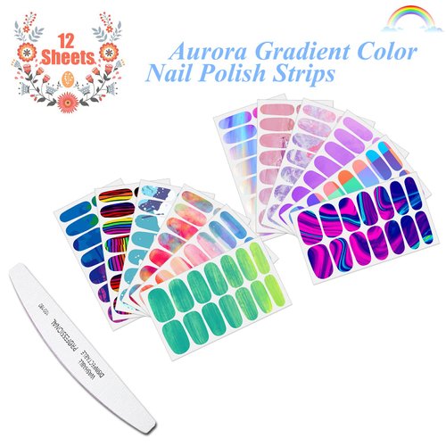 JERCLITY 12 Sheets Aurora Gradient Color Nail Polish Strips with Nail File Self-Adhesive Graffiti Cloud Rainbow Nail Stickers Full Nail Wraps for Women Kids Nail Strips Manicure Kit for DIY Nail Art