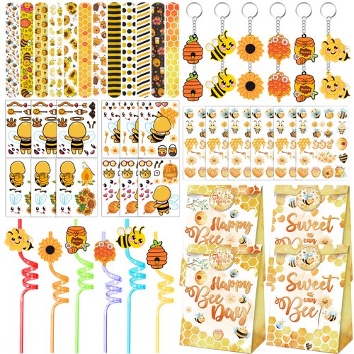 Erweicet Bee Party Favors 72 PCS Cute Bee Slap Bracelets DIY Stickers Honeycomb Temporary Tattoos Keychain Plastic Straws Gift Bags for Bee Day Theme Kids Birthday Party Baby Shower Party Supplies