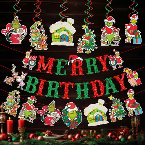 Red And Green Merry Birthday Banner Christmas Birthday Decorations Christmas Theme Birthday Decorations Birthday Christmas Party Decorations for Birthday Christmas Birthday Party Supplies