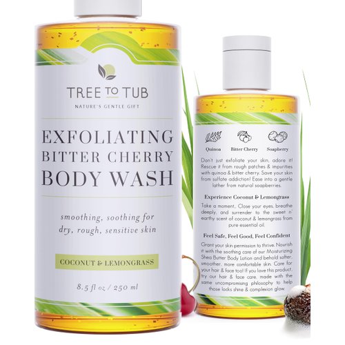 Tree to Tub Bitter Cherry Coconut Exfoliating Body Wash - Gentle Exfoliating Body Scrub for Sensitive Skin - Skin Exfoliator for Body for Women & Men w/Natural Soapberry, Natural Cherry, Organic Rice