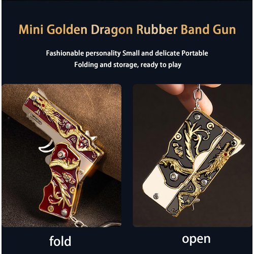2pcs Rubber Band Gun Toy Mini Golden Dragon Metal Foldable Keychain: Creative and Fun Outdoor Party with Colored Rubber Bands