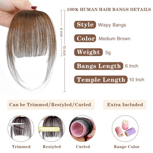 BUPPLER Clip in Bangs 100% Real Human Hair Pieces Medium Brown Fake Bangs Hair Clip on bangs for women Faux Bangs Clip in Hair Extensions with Hair Roller for Daily Wear(4.5 * 6 Inch, Medium Brown)