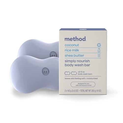 Method Bar Soap, Simply Nourish, Coconut, Rice Milk + Shea Butter notes, Plastic Free, 2 bars, 5oz each