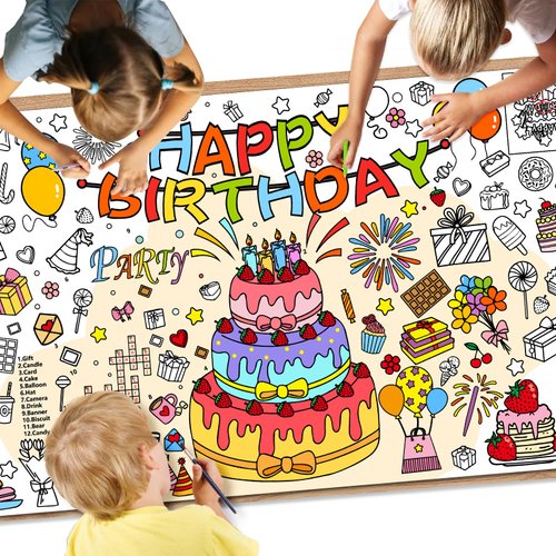 Giant Coloring Poster,35x72Inch Happy Birthday Activity Drawing Paper Coloring Table Cover,DIY Birthday Coloring Tablecloth Art Crafts Coloring Mat for Kids,Home Classroom Party Decorations Suppiles