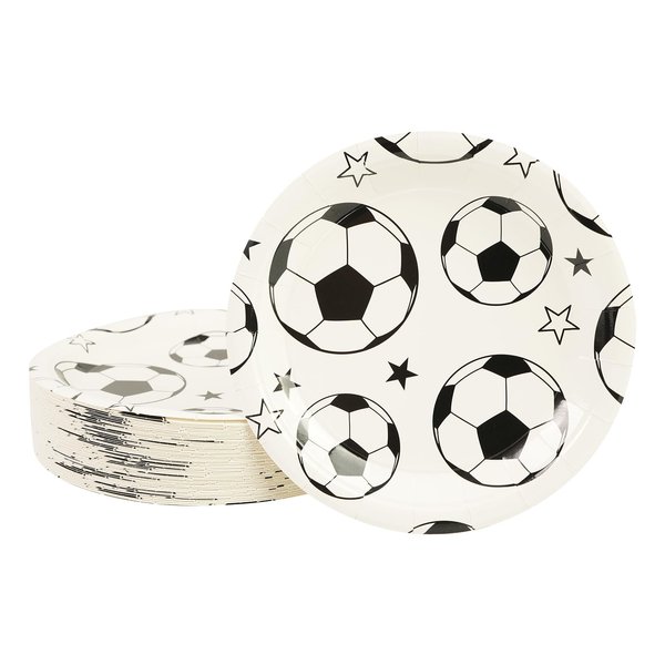 PUEVENYI 50PCS Soccer Party Paper Plates - 7Inch Round Soccer Dessert Plates for Cake Fruit Salad Pizza Disposable Soccer Themed Decoration Supplies for Soccer Fan Sports Event, Birthday Party