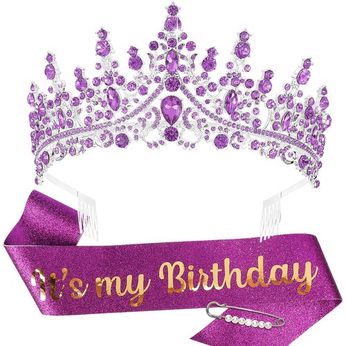TOBATOBA It's My Birthday Sash Birthday Tiara and Crown for Women Girls Purple Glitter Birthday Sash Crystal Princess Tiara Queen Crown Quinceanera Crown Birthday Decoration Birthday Gift