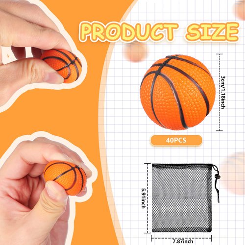 40 Pcs Mini Basketball Party Favors Tiny Basketball Mini Foam Basketball Small Relieve Stress Basketball with Drawstring Mesh Bag for Beach Pool Sports Game Party Supplies School Carnival Reward