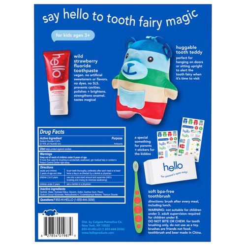hello Tooth Fairy Kit with Tooth Fairy Door Hanger and Tooth Teddy Bear, Includes Full Size Fluoride Kids Strawberry Toothpaste and Kids Toothbrush, for Children Ages 3 and Up