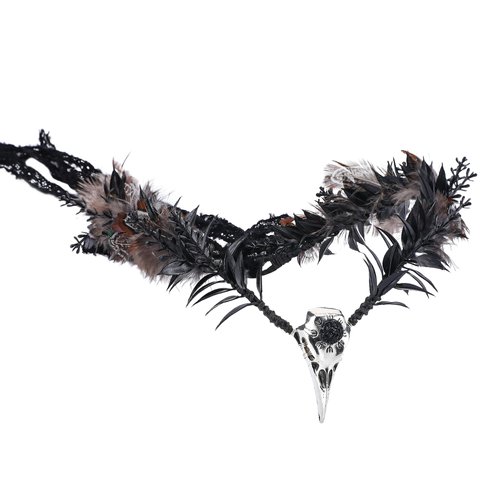 MOSTORY Handmade Raven Elf Crown - Gothic Feather Cirlet with Crow Skull Black Flower Tiara with Rhinestone for Witch Sorcerer Renaissance Halloween Wedding Cosplay Photo Prop
