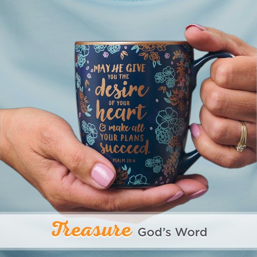 Christian Art Gifts Floral Navy Blue Ceramic Coffee Mug – 12 oz. Lead & Cadmium-free Inspirational Scripture Coffee and Tea Mug for Men and Women with Bible Verse: The Desire Of Your Heart –Psalm 20:4