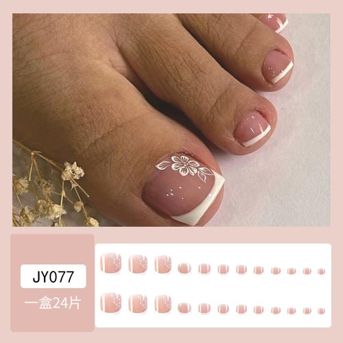 White French Press on Toenails Short Square - WLGDLH Fake Toenails Pink Fake Toe Nails Press Ons with Flower Design Full Cover Solid Color Toe nail Tips Acrylic Toenails Kit for Women 24 Pcs