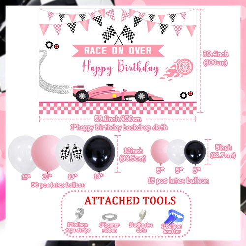 Pink Racing Car Birthday Party Decorations for Girls with Race on Over Happy Birthday Backdrop, Pink Balloon Garland Kit for Kids Birthday Party Supplies, Race Car Fast One Two Fast Party Supplies