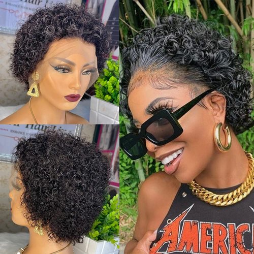 afsisterwig Short Curly Pixie Cut Wig 13x4 Lace Front Human Hair Wigs 13X4 Lace Closure Wig Pre plucked Brazilian Hair Wigs (13X4 Natural Black)