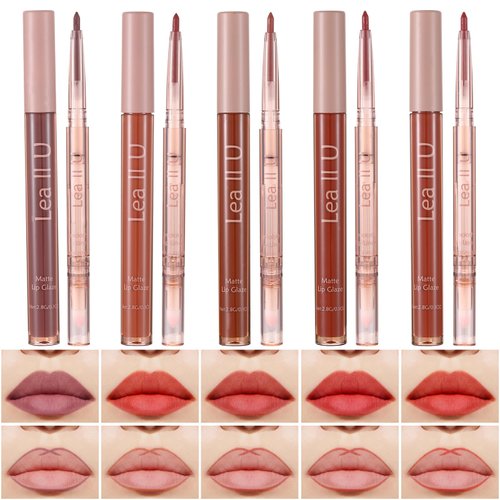 Lea ll U Lip Liner & Lip Glaze Set, Waterproof Smooth Lip Liner, Long Lasting Matte Lip Glaze, Velvet Lip Glow, 2 Pcs, Nude Lipstick, 5 Colors (03#Rose Cocktail)