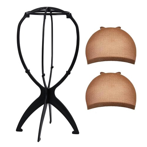 JCL Wig Stand Travel Wig Head Stand, Portable Collapsible Wig Holder for Multiple Wigs, Wig Stand Holder Wig Display Stand Wig Holder Head for Wigs(1 Pack Black and 2 Brown Wig Caps )