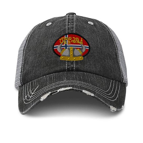 Custom Distressed Trucker Hat Uffda! Embroidery Cotton for Men & Women Strap Closure Black Gray Design Only