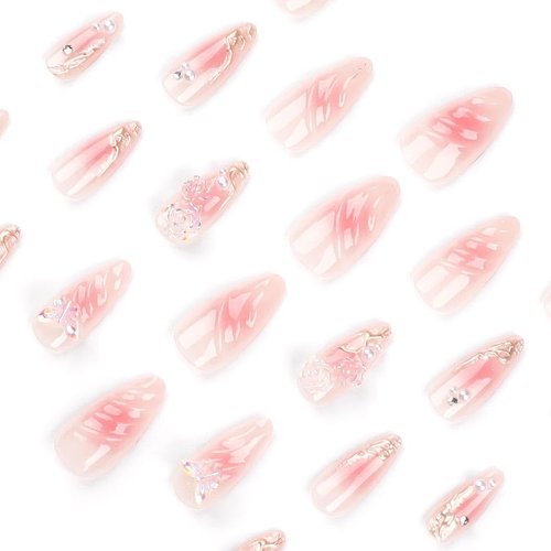 RikView Medium Press on Nails Pink Fake Nails with 3D Flowers and Butterflies Design Almond Nails Glossy Nails 24 PCs/Set