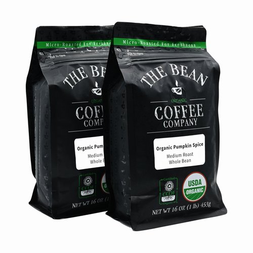 The Bean Organic Coffee Company Pumpkin Spice, Medium Roast, Whole Bean Coffee, 16-Ounce Bags (Pack of 2)