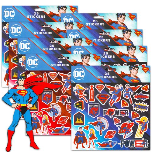 DC Comics Superman Party Favors for Kids - Bundle with 200 Superman Stickers Featuring Superman f...