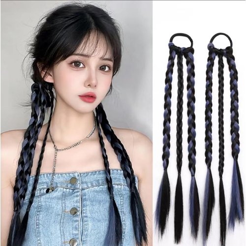 JINDILONG Braided Ponytail Extension with Hair Tie Synthetic Braided Wig for Women 1 Pair Blue