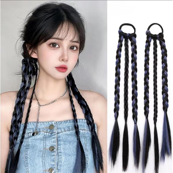 JINDILONG Braided Ponytail Extension with Hair Tie Synthetic Braided Wig for Women 1 Pair Blue