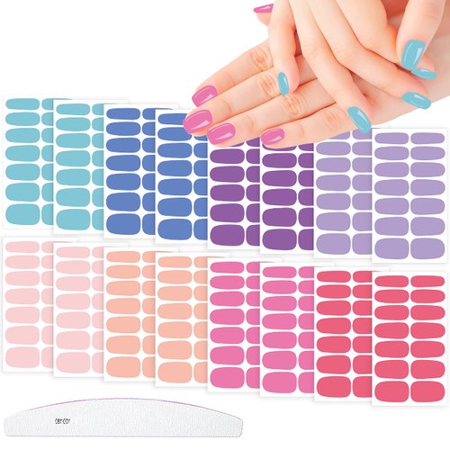 XEAOHESY 224 Pieces 16 Sheets Solid Macaron Color Nail Polish Strips with Nail File Self-Adhesive Nail Stickers Full Nail Wraps Nail Strips Nail Polish Stickers for Women Nails Art