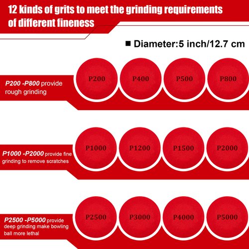 12 Pieces Bowling Sanding Pads Grit 200, 400, 500, 800, 1000, 1200, 1500, 2000, 2500, 3000, 4000, 5000, Round Bowling Ball Spinner Bowling Ball Sand Pads Resurfacing Polishing Cleaning Kit