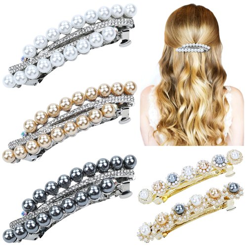 inSowni 5 Pieces Vintage Glitter Flower Rhinestone Pearl French Hair Barrettes Automatic Spring Hair Clips with Strong Hold Accessories for Women Girls
