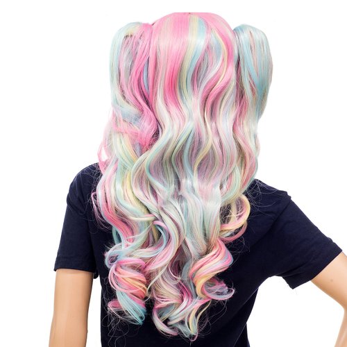 SWACC Long Curly Double Claw Clip on Ponytail Wig Synthetic Pastel Colorful Cosplay Daily Party Wig for Women with Wig Cap (Multi-Color Pink/Blue/Blonde-3)