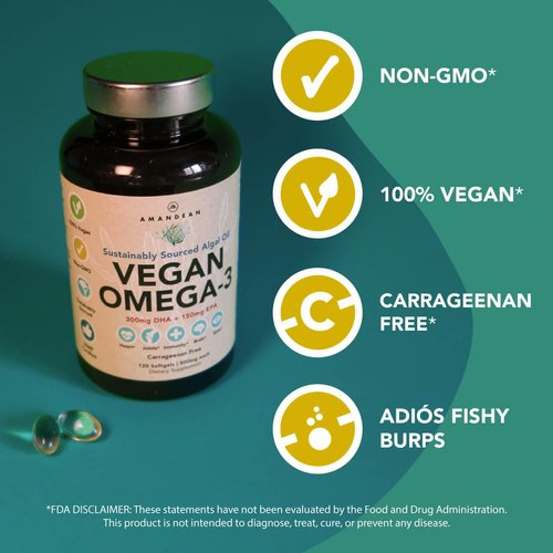 AMANDEAN Vegan Omega 3 Supplement. Premium Fish Oil Alternative! Algae DHA & EPA. Carrageenan Free Softgels. Algal Essential Fatty Acids. Plant Based Heart, Brain, Eye, Skin, Immune Support. (120ct)