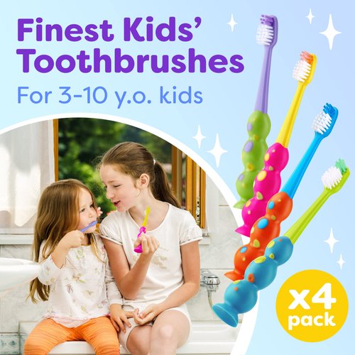 Kids Toothbrush 4 Pack - Soft Bristles with Suction Cup - Toothbrush Kids, Child Sized Brush Heads (3-10 Year Old) Kid Toothbrush with Easy Storage - Toddler, Girl & Boy Set (4-Pack, Multi-Color)