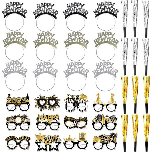 YaYuanSun New Year's Eve Party Supplies 2025 Include 12 Happy New Year Headband 12 Happy New Year Eyeglasses 12 Blowouts for New Years Party Decorations 2025