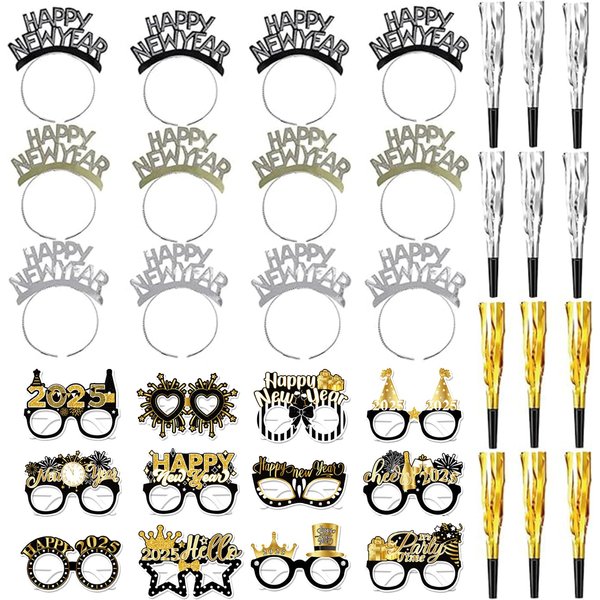 YaYuanSun New Year's Eve Party Supplies 2025 Include 12 Happy New Year Headband 12 Happy New Year Eyeglasses 12 Blowouts for New Years Party Decorations 2025