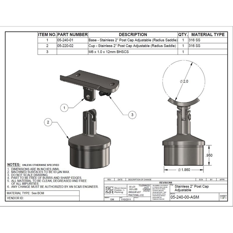 T 316 Stainless Steel Round Post Cap Connector with Adjustable Joint ...