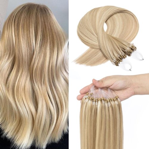 Kpvxxve Microloop Hair Extensions Real Human Hair 22 Inch #18/613 Ash Blonde Highlighted Bleach Blonde Micro Ring Human Hair Extensions Micro Beads Hair Extensions 50g 1g/s