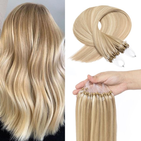 Kpvxxve Microloop Hair Extensions Real Human Hair 22 Inch #18/613 Ash Blonde Highlighted Bleach Blonde Micro Ring Human Hair Extensions Micro Beads Hair Extensions 50g 1g/s