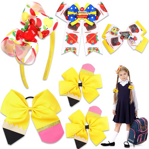 6 Pcs Back to School Hair Bows for Girls, Kindergarten Grosgrain Ribbon Hair Bows Headband, School Hair Bow Clips, First Day of School Hair Bow, Colorful Handmade Headband, Kids Back to School Bows