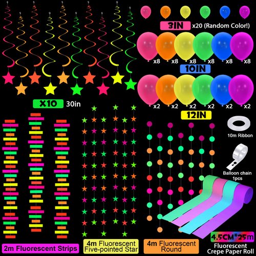 Winrayk Neon Party Decorations Glow in the Dark Party Supplies, Neon Balloon Arch Kit with Hanging Swirl Crepe Paper Streamer Paper Garland, Adult Teen Kids Girls Boys Neon Birthday Party Decorations