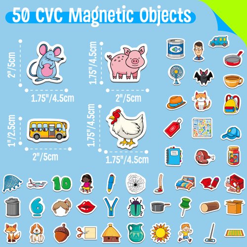 50 PCS CVC Object Magnets, Magnetic Thickened CVC Fridge Magnets Adorable Educational Learning Toys for Preschooler, Kindergarteners, Kids 4+