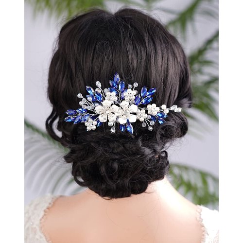 Kercisbeauty Flower Hair Comb for Women and Girls Wedding Bridal Crystal Hair Piece (Blue)