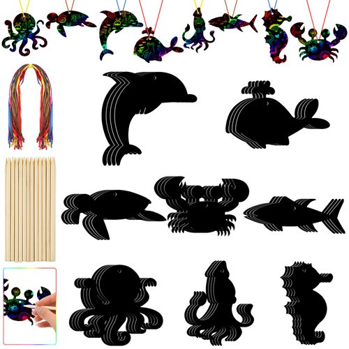 Fuutreo 64 Pcs Sea Theme DIY Scratch Cards Set Birthday Party Supplies Favor Rainbow Color Scratch Art with Wooden Styluses Ribbon Craft Kit for Kid Birthday DIY Art Themed Party Classroom Decor