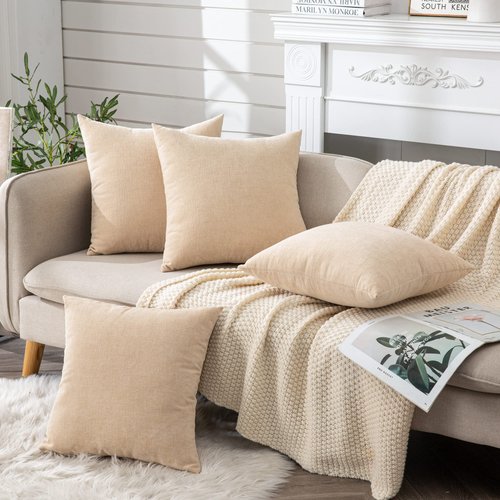 Decorative Square Throw Pillow Covers 18x18 Inch Set of 4,Farmhouse Fall Super Soft Chenille Pillows Cover for Living Room Bedroom Sofa Couch Cushion Cover Cojines Decorativos Para Sala Beige 45x45cm