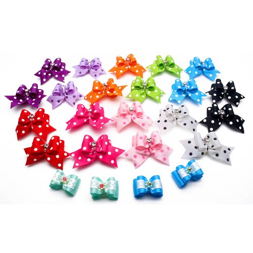 YOY 24 pcs/12 Pairs Adorable Grosgrain Ribbon Pet Dog Hair Bows with Elastic Rubber Bands - Doggy Kitty Topknot Grooming Accessories Set for Long Hair Puppy Cat