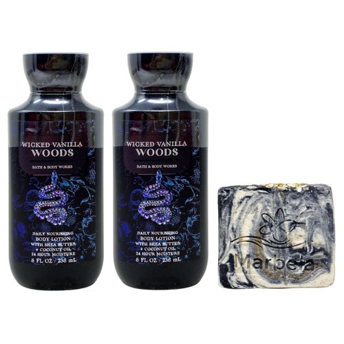 Bath & Body Works Wicked Vanilla Woods 2 Pack Daily Nourishing Body Lotion Set with a Charcoal Scrub Bar Soap - Full Size