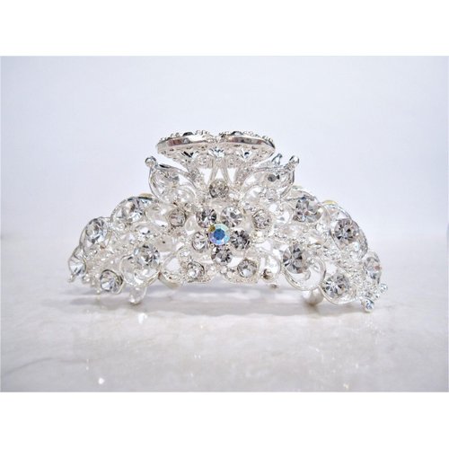 Generic Silver metal flower crystal hair claw clip bridal clip for medium fine hair