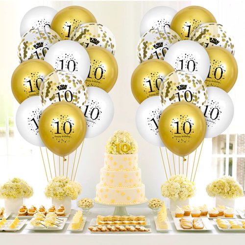 10th Birthday Balloons 15Pcs White Gold Happy 10th Birthday Latex Balloons Confetti Balloons White Gold 10th Anniversary Birthday Party Decorations Balloons for Girls Boys Birthday Supplies 12 inch