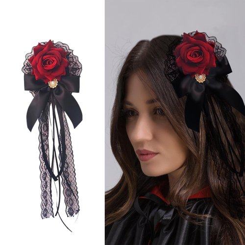 Generic Rose Bow Hair Clip Lolita Gothic Rose Bowknot Lace Ribbon Hairpin Brooch Handmade Hair Bride Accessories for Halloween Cosplay Wedding Birthday Party Women Decoration, Black, Red